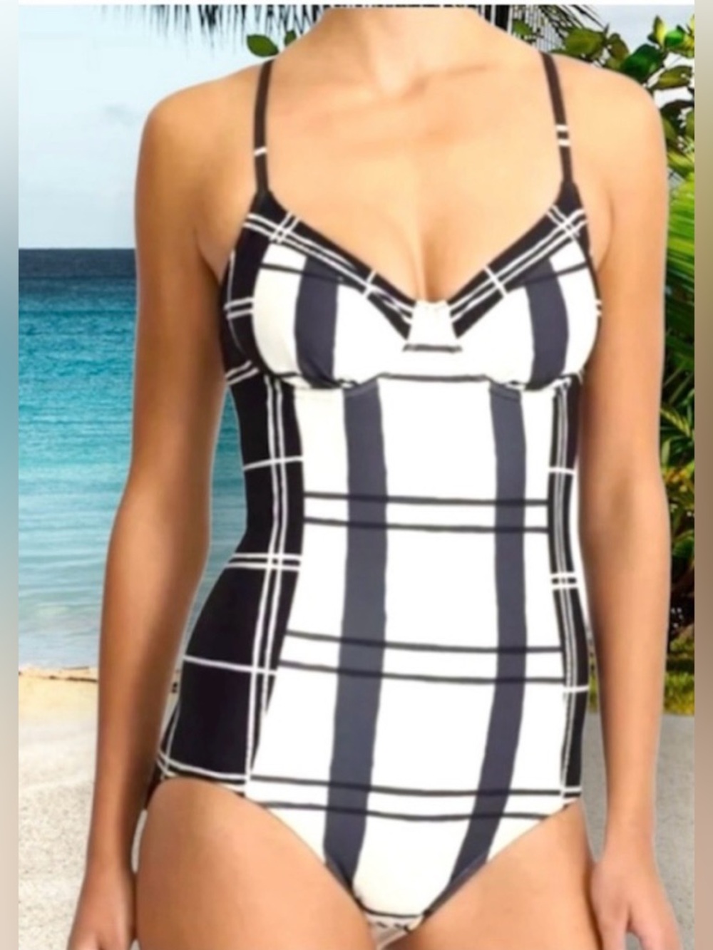 ATHLETA Athleta Lanikai Cream And Black Plaid One  Swimsuite Size 36 B/C (M)